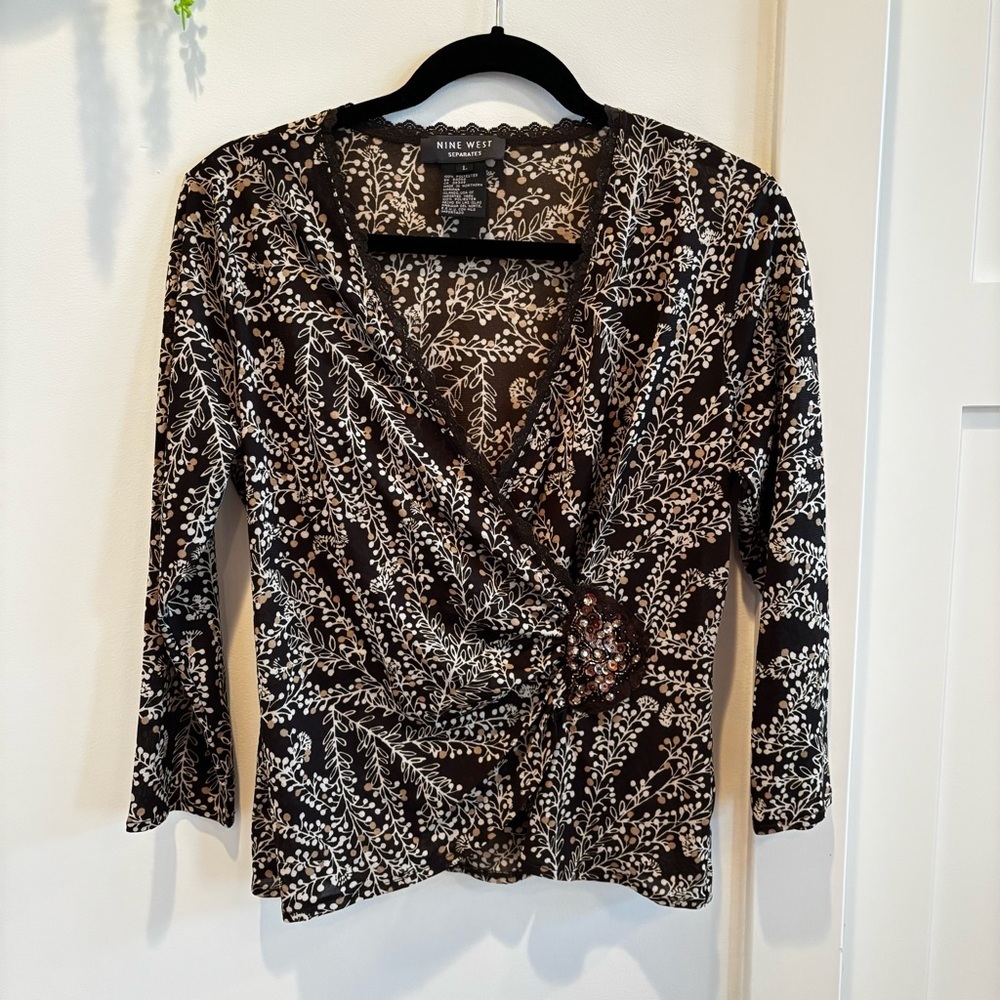 Nine West Separates Chocolate Brown Lace Trim Fairy Faux Wrap Beaded Detail L